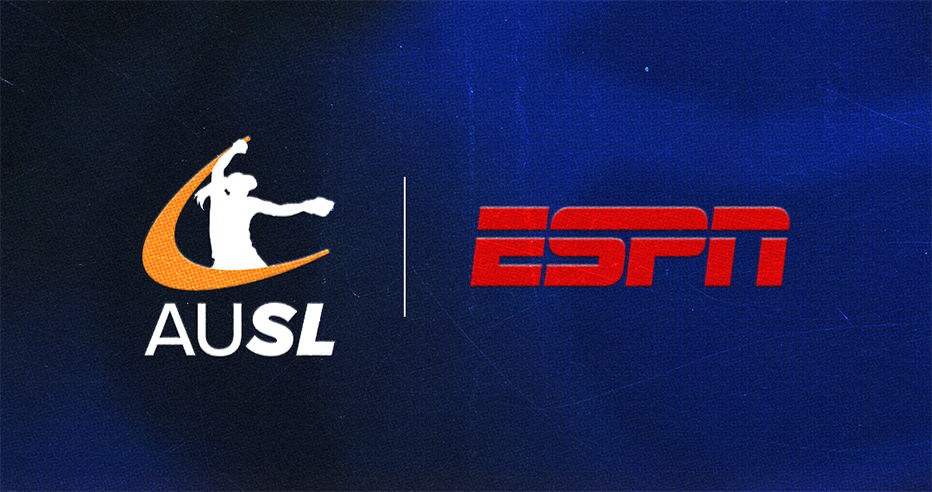 Blue background with the oranger and white AUSL Logo and the red ESPN logo