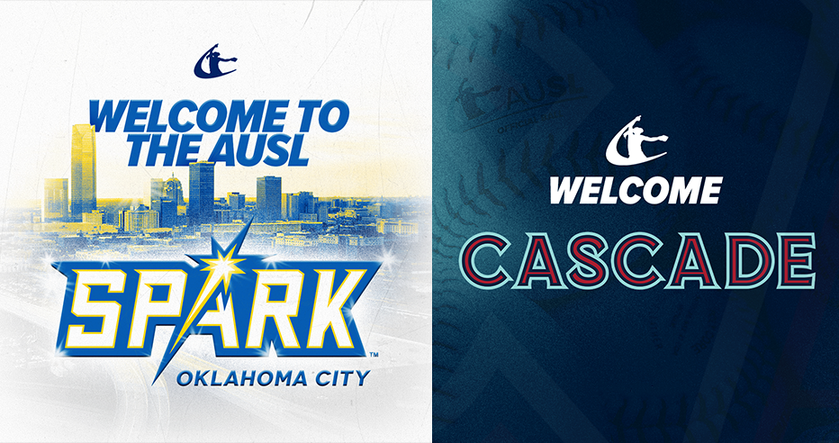 Left: 'Welcome to the AUSL' in blue text with the Oklahoma City skyline and Oklahoma City Spark logo Right: A dark blue background with 'Welcome' in white text and the Cascade logo, which features teal, navy, and red text