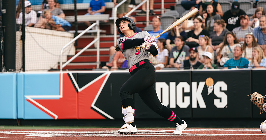 Baylee Klinger following through her swing at bat during the 2026 All-Star Cup in Rosemont, Illinois