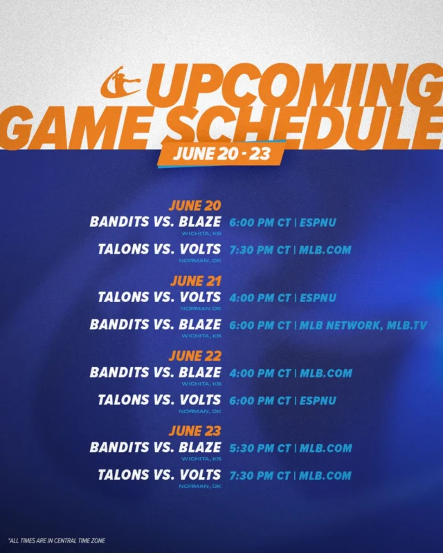 Closing out the first half of the AUSL season in style as the Talons and Volts head to Norman, OK while the Blaze and Bandits stay in Wichita, KS.

June 20
Bandits vs. Blaze | 6pm CT | Watch on ESPU
Talons vs. Volts | 7:30pm CT | Watch on MLB.com

June 21
Talons vs. Volts | 4pm CT | Watch on ESPNU
Bandits vs. Blaze | 6pm CT | Watch on MLB Network

June 22
Bandits vs. Blaze | 4pm CT | Watch on MLB.com
Talons vs. Volts | 6pm CT | Watch on ESPNU

June 23
Bandits vs. Blaze | 5:30pm CT | Watch on MLB.com
Talons vs. Volts | 7:30pm CT | Watch on MLB.com

Tickts available at theausl.com/schedule