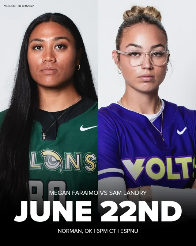 Sunday showdown ð 

Faraimo and Landry are listed as the probable starters for Sundayâs game between Talons and Volts in Norman, OK.

Which pitcher will come out victorious? Tune in to find out ðº