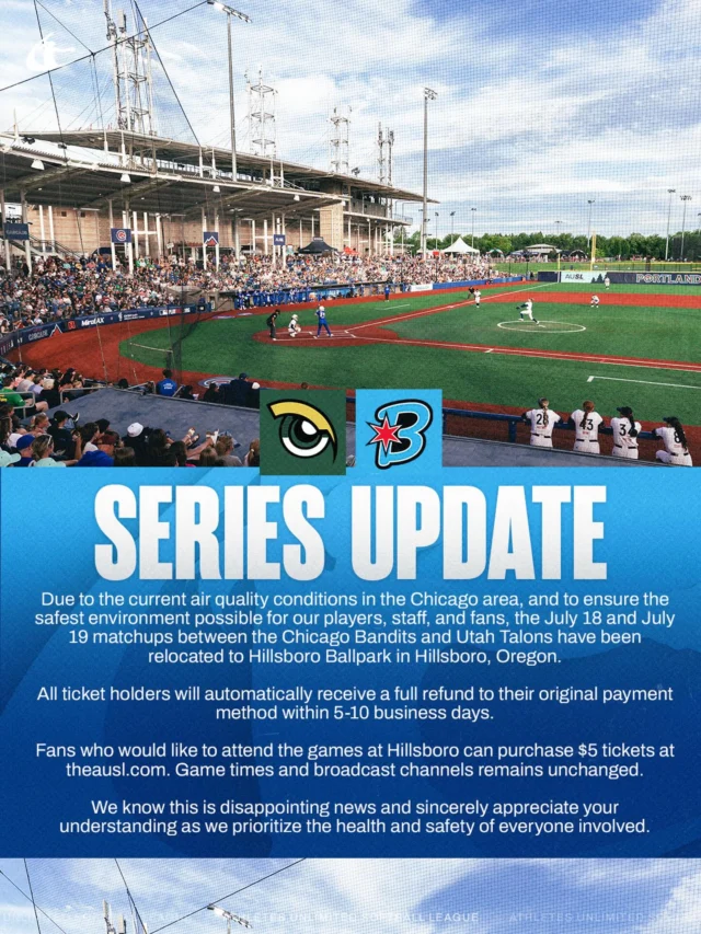 ð¨IMPORTANT UPDATEð¨

Due to the current air quality conditions in the Chicago area, and to ensure the safest environment possible for our players, staff, and fans, the July 18 and July 19 matchups between the Chicago Bandits and Utah Talons have been relocated to Hillsboro Ballpark in Hillsboro, Oregon.