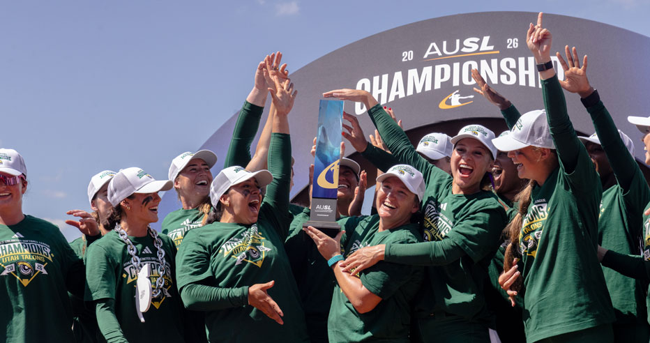 The Utah Talons hoist the AUSL Trophy after winning the 2026 AUSL Championship in College Station, Texas.