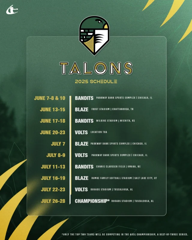 Time to get to work.

Here is the Talons 2025 Schedule ð