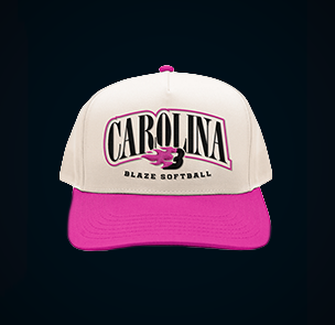 White cap with pink and black Carolina Blaze logo with a pink brim