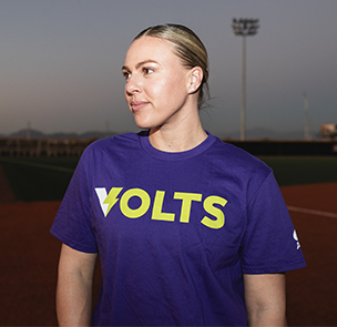 Amanda Lorenz in purple Volts tee