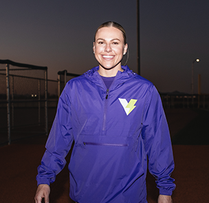 Amanda Lorenz in purple Volts jacket