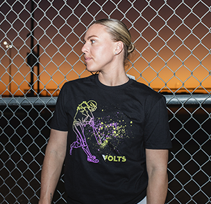 Amanda Lorenz in black Volts batter tee