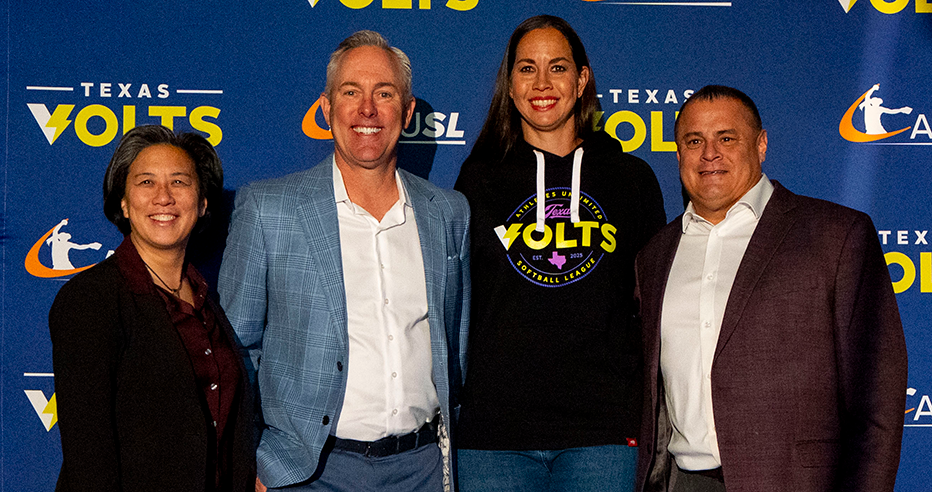 Kim Ng, Reid Ryan, Cat Osterman and Chris Almandarez pose for a photo at the launch of the Texas Volts