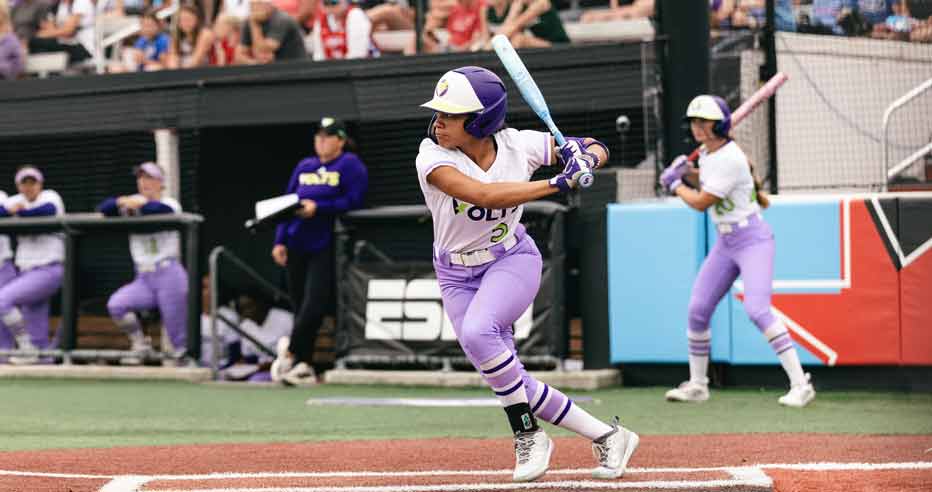 Rylie Boone batting for the Texas Volts. Boone is one of five Texas Volts that will compete at the 2026 AUSL All-Star Cup in Rosemont, Illinois.