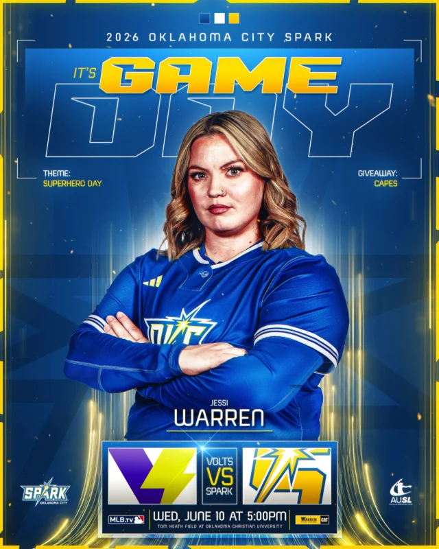back at it! 

ð Texas Volts 
â¡ï¸Shock Showdown presented by @warren_cat 
ð Oklahoma Christian University
â° 5 p.m. CT
ðº MLB.tv
ðï¸ theausl.com/spark
âð¼ Post-Game Autographs with @gracee_jenkins, @bubbanickles, @lynz.grein, @peja.goold
